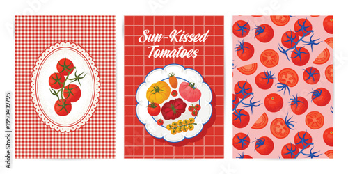 Tomatoes Poster in Mediterranean style. Trendy Vector illustration