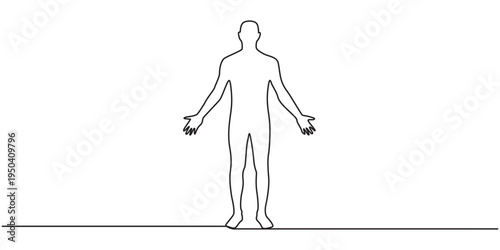 human figure with outstretched arms continuous one line drawing, Linear Silhouette Of Man With Arms Outstretched, Minimalist Human Form, Abstract Body Outline, One line drawing of liberation