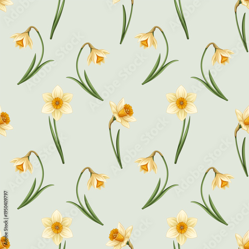 Seamless floral pattern with daffodil narcissus flowers on sage green background, spring botanical repeat for textile and wallpaper