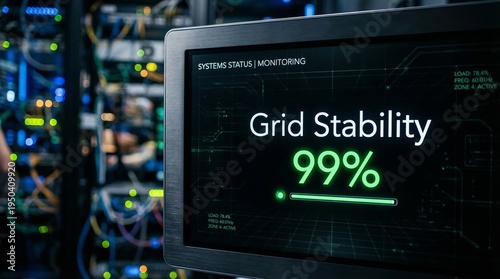Digital Monitor Showing Power Grid Stability 99 Percent