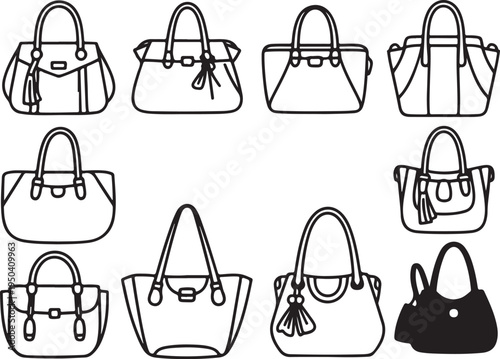 Fashion handbags outlines and silhouette on transparent background, luxury accessory vector