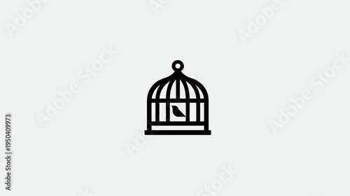 A stark, minimalist illustration of a bird trapped within a cage against a light gray backdrop