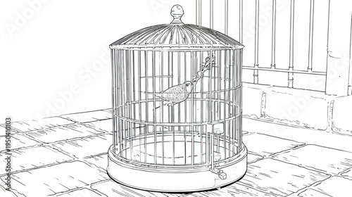 A black and white line drawing of a caged bird perched on a branch, near a brick wall
