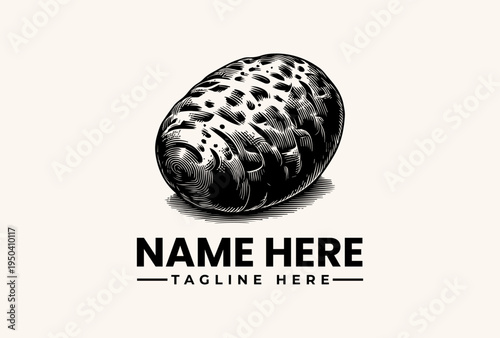 A metallic egg-shaped logo with a textured surface and a placeholder name and tagline on a clean white background, featuring a vector illustration style.