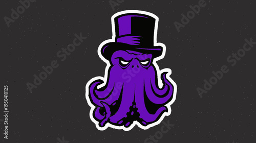 A stylized illustration of an octopus wearing a top hat, against a speckled gray background