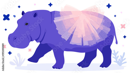 A whimsical illustration of a purple hippo wearing a delicate, sparkly tutu with stars around it
