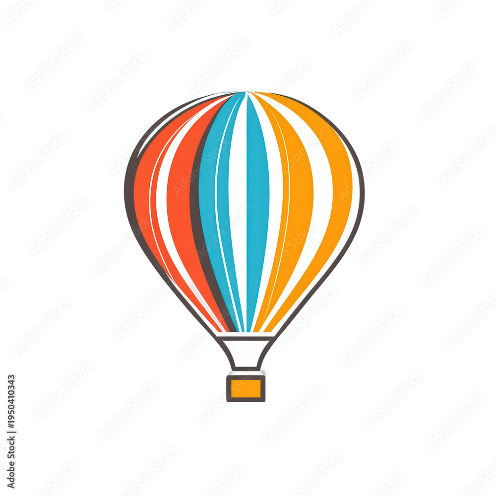 Fototapeta premium Ilustración de un globo aerostático de colores brillantes naranja, azul y rojo sobre un fondo blanco para conceptos de viaje y aventura.