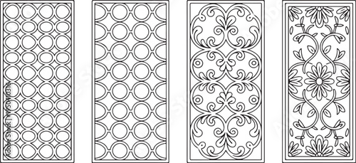 Four decorative vertical panels with geometric and floral patterns black outline on transparent background