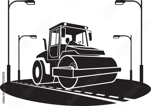 Steamroller on asphalt road with streetlights silhouette construction vehicle industrial equipment vector art