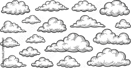 A collection of white cartoon clouds on transparent background