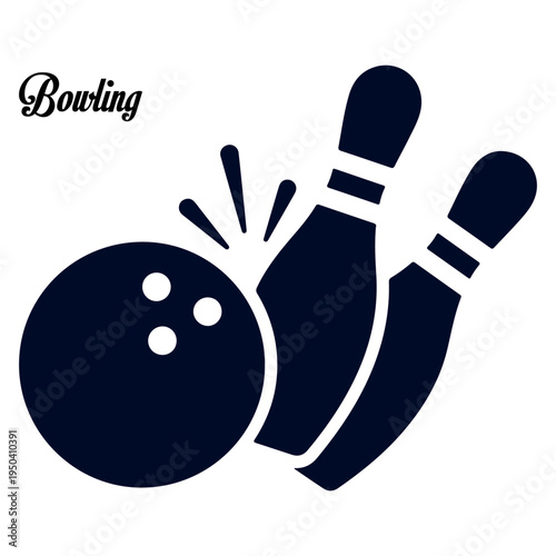 Bowling pins struck by a black bowling ball in a graphic design