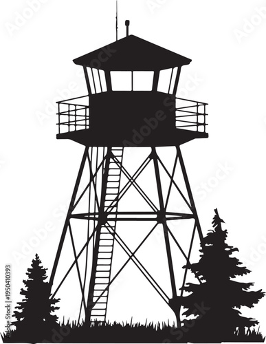 Fire lookout tower silhouette with pine trees on checkered background