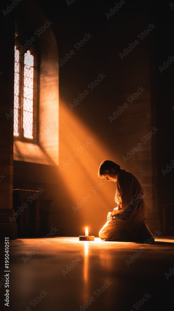 Fototapeta premium A serene figure kneeling in a softly lit space, illuminated by warm beams of light through a window