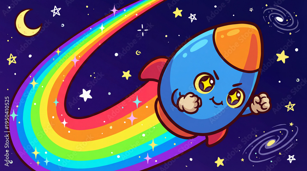 Fototapeta premium Cute Rocket Flying Through Rainbow Starry Space