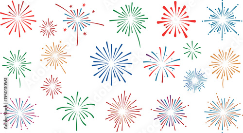 A colorful collection of fireworks exploding on transparent background