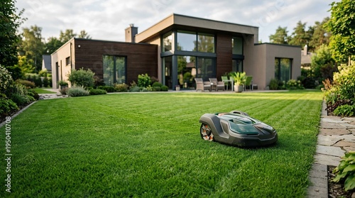 Robot Lawnmower Cutting Grass in Modern Garden