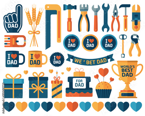 Collection of father's day icons and elements for greeting card, gift or celebration, tools, hearts, mugs, gifts.