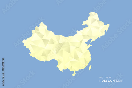 China Map in low poly polygon vector style, geometric shape illustration with soft yellow tones on blue background, clean silhouette for infographic.