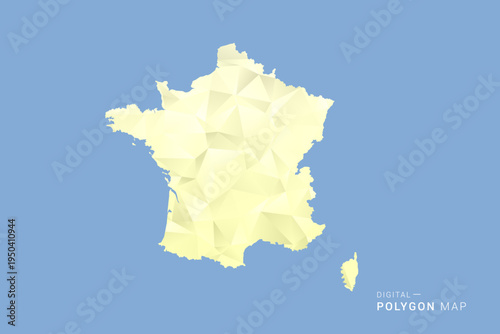 France Map in low poly polygon vector style, geometric shape illustration with soft yellow tones on blue background, clean silhouette for infographic.