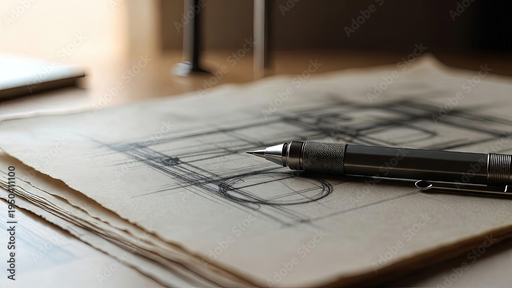 Fototapeta premium Sharp pencil resting on hand-drawn architectural sketches bathed in warm golden backlight on a desk, evoking creativity and design