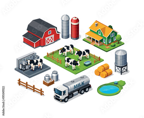 Isometric dairy farm illustration with cows, barn, milk truck, and processing equipment