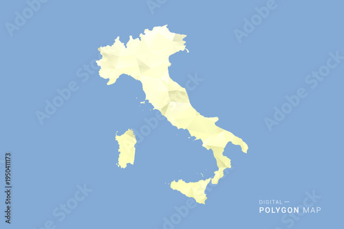 Italy Map in low poly polygon vector style, geometric shape illustration with soft yellow tones on blue background, clean silhouette for infographic.
