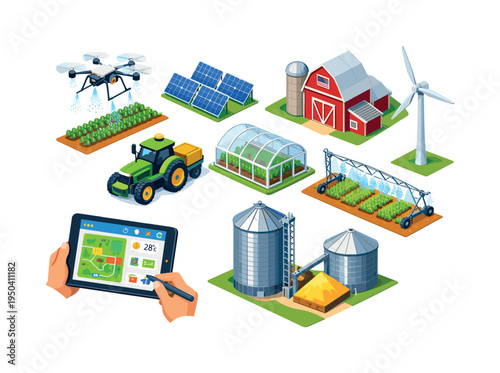 Modern agriculture technology with drone, tractor, greenhouse, and smart farming tablet
