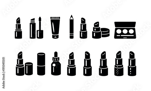 Collection of black and white cosmetic icons including lipsticks, mascara, and foundation.