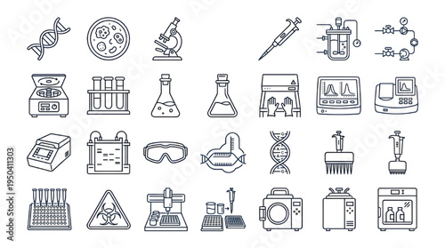 Biotechnology and Laboratory Research Icon Set – DNA Helix, Microscope, Petri Dish, Pipette Scientific Line Vector Collection