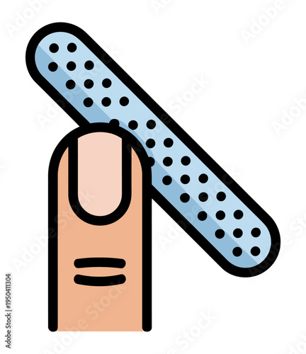 Closeup illustration of a human finger being filed with a blue nail file tool