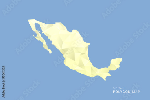 Mexico Map in low poly polygon vector style, geometric shape illustration with soft yellow tones on blue background, clean silhouette for infographic.