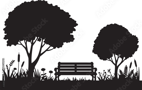 Park silhouette with bench and trees, nature scene, outdoor recreation, peaceful park setting with plants and grass, black and white vector