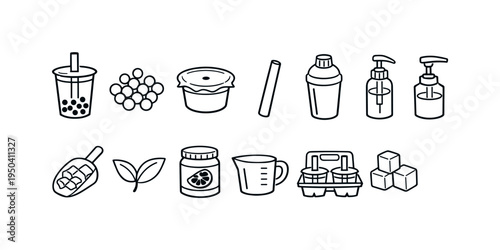 Collection of hand-drawn icons representing bubble tea ingredients and preparation tools