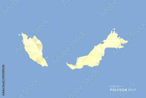 Malaysia Map in low poly polygon vector style, geometric shape illustration with soft yellow tones on blue background, clean silhouette for infographic.