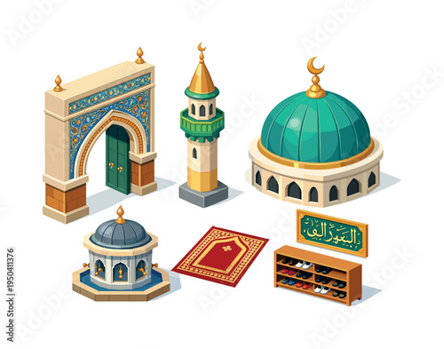 Collection of Islamic architectural elements and religious items in isometric style