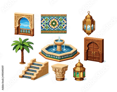 Collection of Islamic architectural elements and decorative items in isometric view