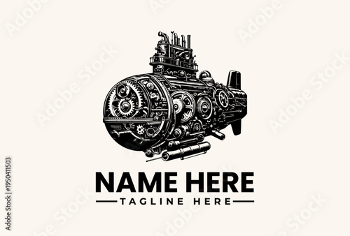 Black and white illustration of a vintage-style engine with a logo template and placeholder text on a beige background.