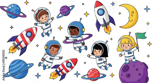 A funny cartoon vector set of space icons and a shuttle launch designed for a group of school kids playing and drawing during a summer childhood art session