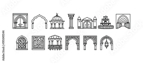 Collection of architectural elements and decorative arches in a clean line art style