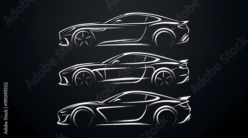 Modern Sports Car Silhouette Set – Luxury Automotive Side Profile Neon Style Vector Illustration