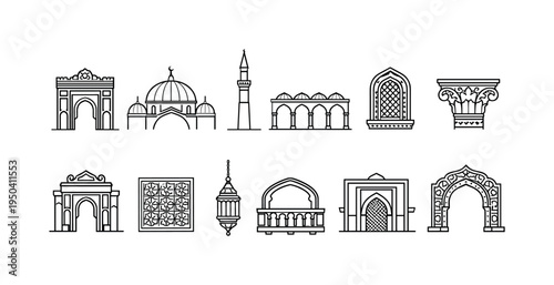 Collection of Islamic architectural elements and decorative motifs in a clean line art style