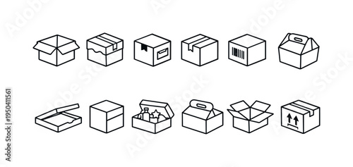 Collection of various cardboard box icons in isometric view, perfect for logistics and delivery themes
