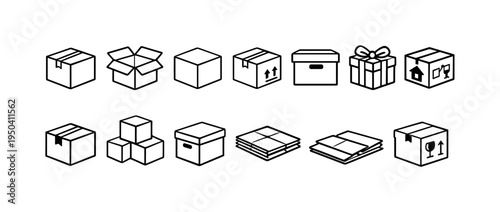 Collection of various shipping and packaging box icons in a clean isometric line art style