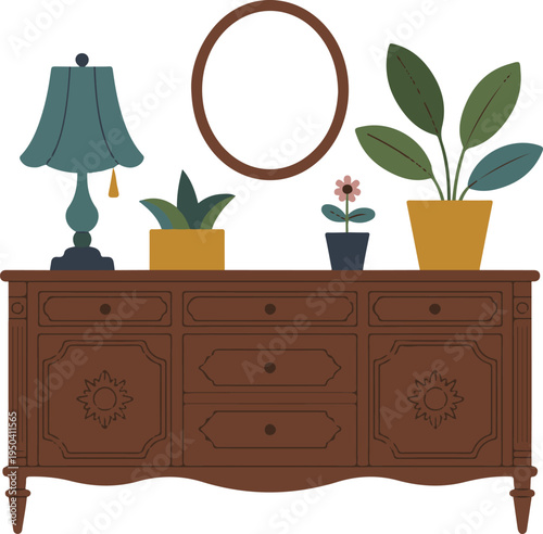 Vintage wooden dresser with lamp plants and oval mirror above, interior furniture still life