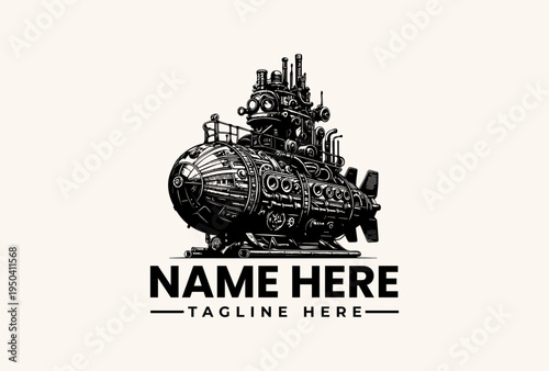 Black and white illustration of a steampunk-style airship logo with a placeholder name and tagline on a light beige background.