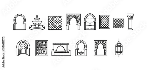 Collection of Islamic architectural elements and decorative motifs in a clean line art style