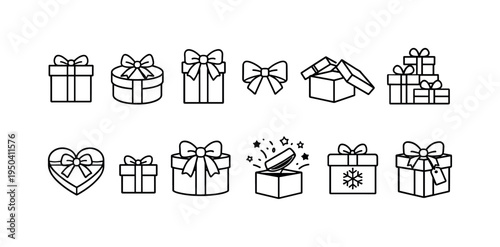 Collection of various gift box icons with bows and ribbons for celebrations