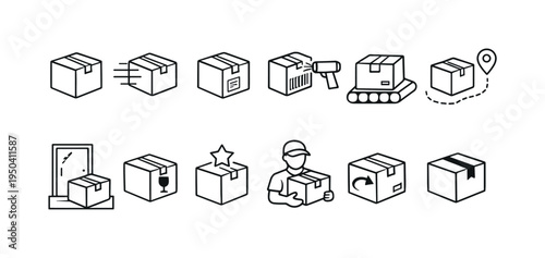 Collection of line art icons representing various aspects of shipping and delivery services