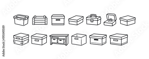 Collection of various storage boxes and containers in a simple line art style