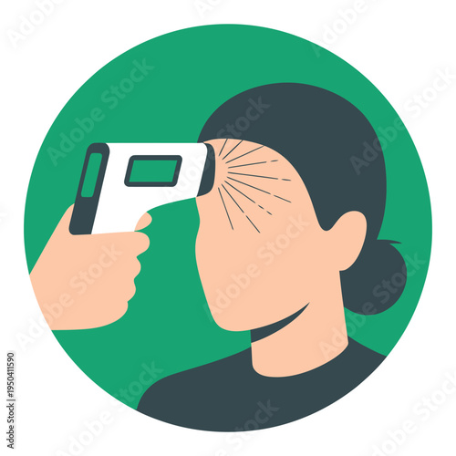 A hand holding a non-contact infrared thermometer scanning the forehead of a person, indicating temperature check or health screening.